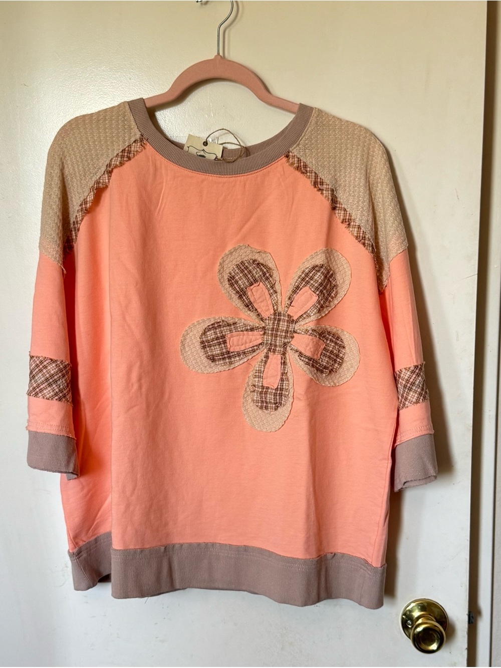 easel Peach and Taupe Knit Pullover with Floral Detail